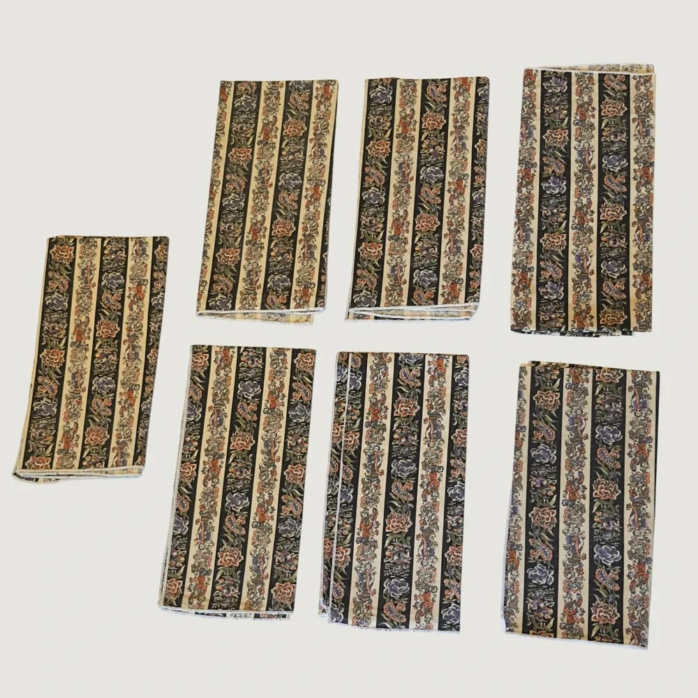 Vintage Chinoiserie Stripe Cloth Napkins Set of 7 Navy Cream Floral Birds 16x16